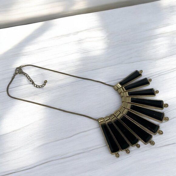 Vintage Bib Necklace With Black & Gold Fan Pendant Gold Tone Snake Chain 18"L+3" - Picture 4 of 5